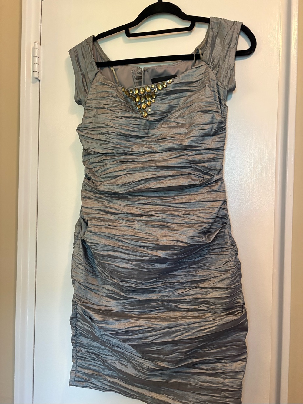Alex Evenings Silver Ruched Mini Dress with Gem Accent